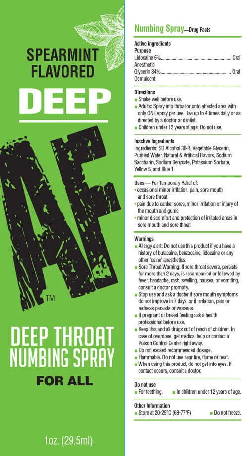 Deep AF Deep Throat Numbing Spray Spearmint 1 fl oz Lidocaine 5 Comfortable Little Genie Male Sex Toys